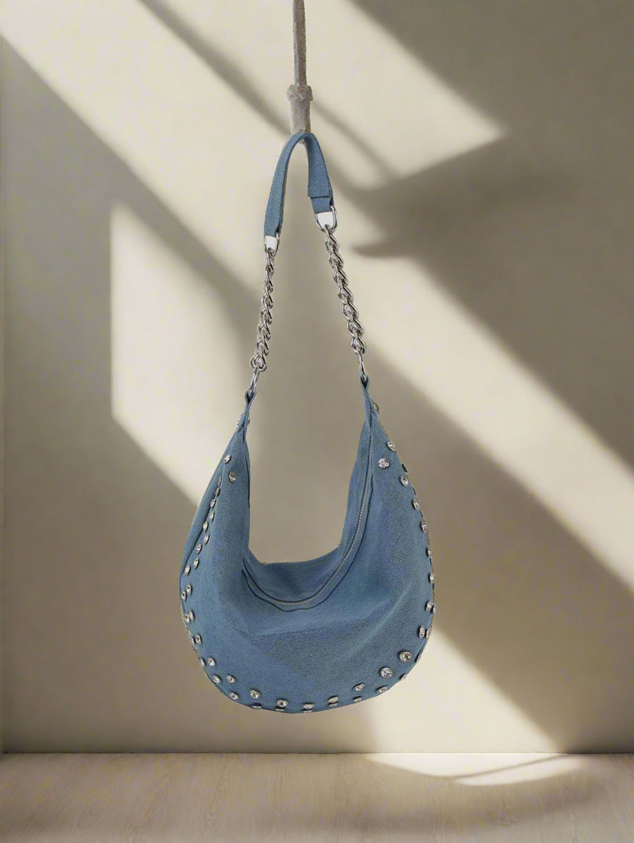 Rhinestone studded chain hobo bag