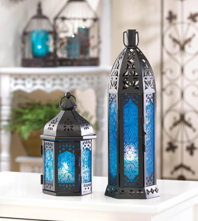 TALL FLORET BLUE CANDLE LANTERN