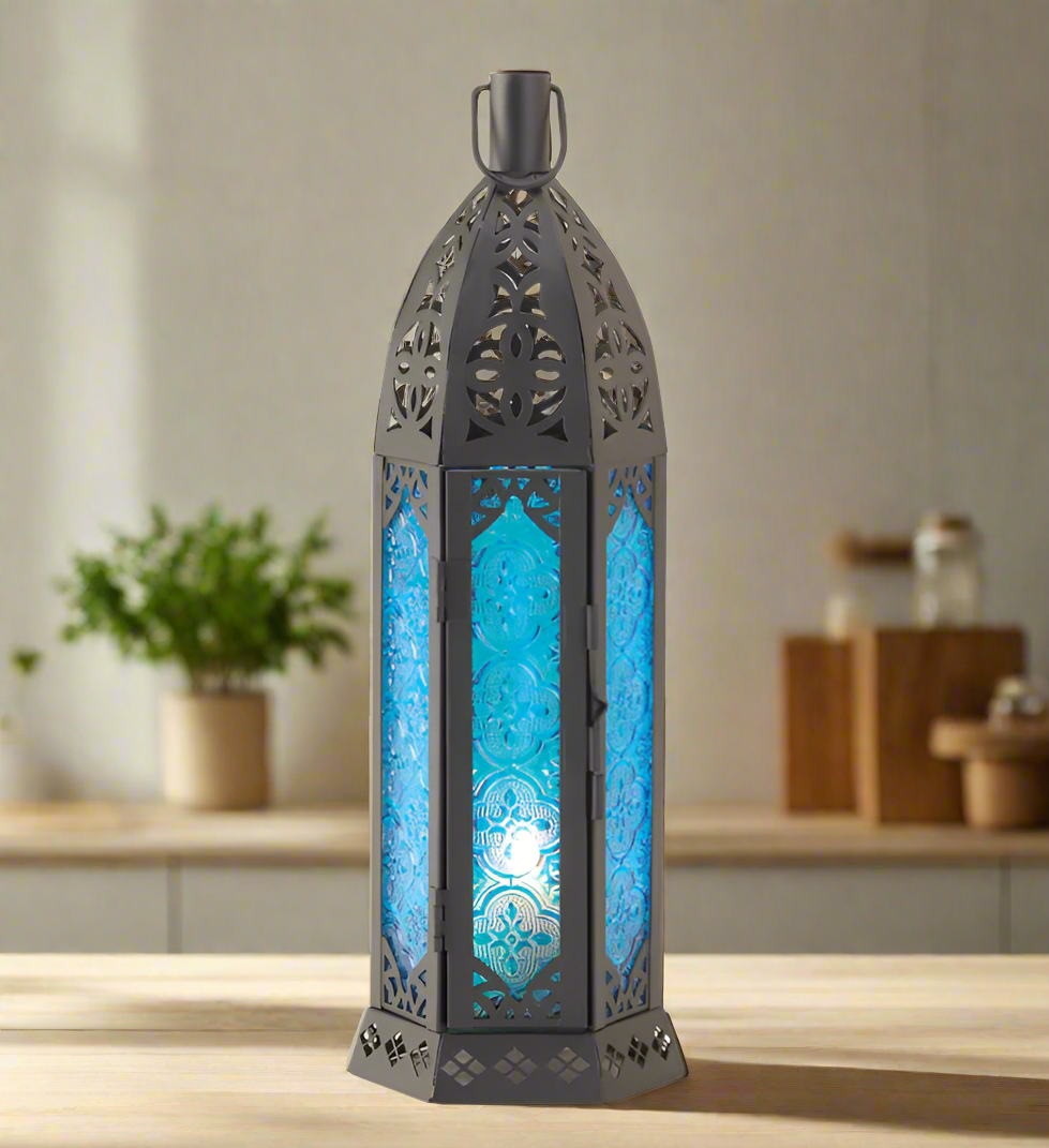TALL FLORET BLUE CANDLE LANTERN