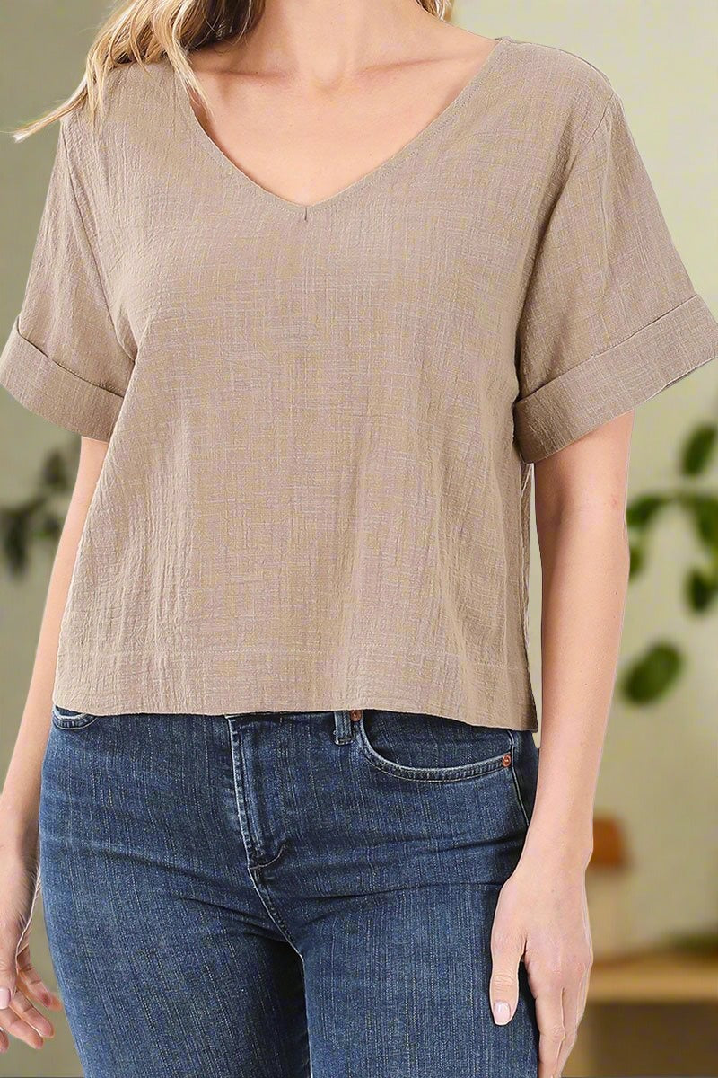Ash Mocha V-Neck Gauze Top-XL