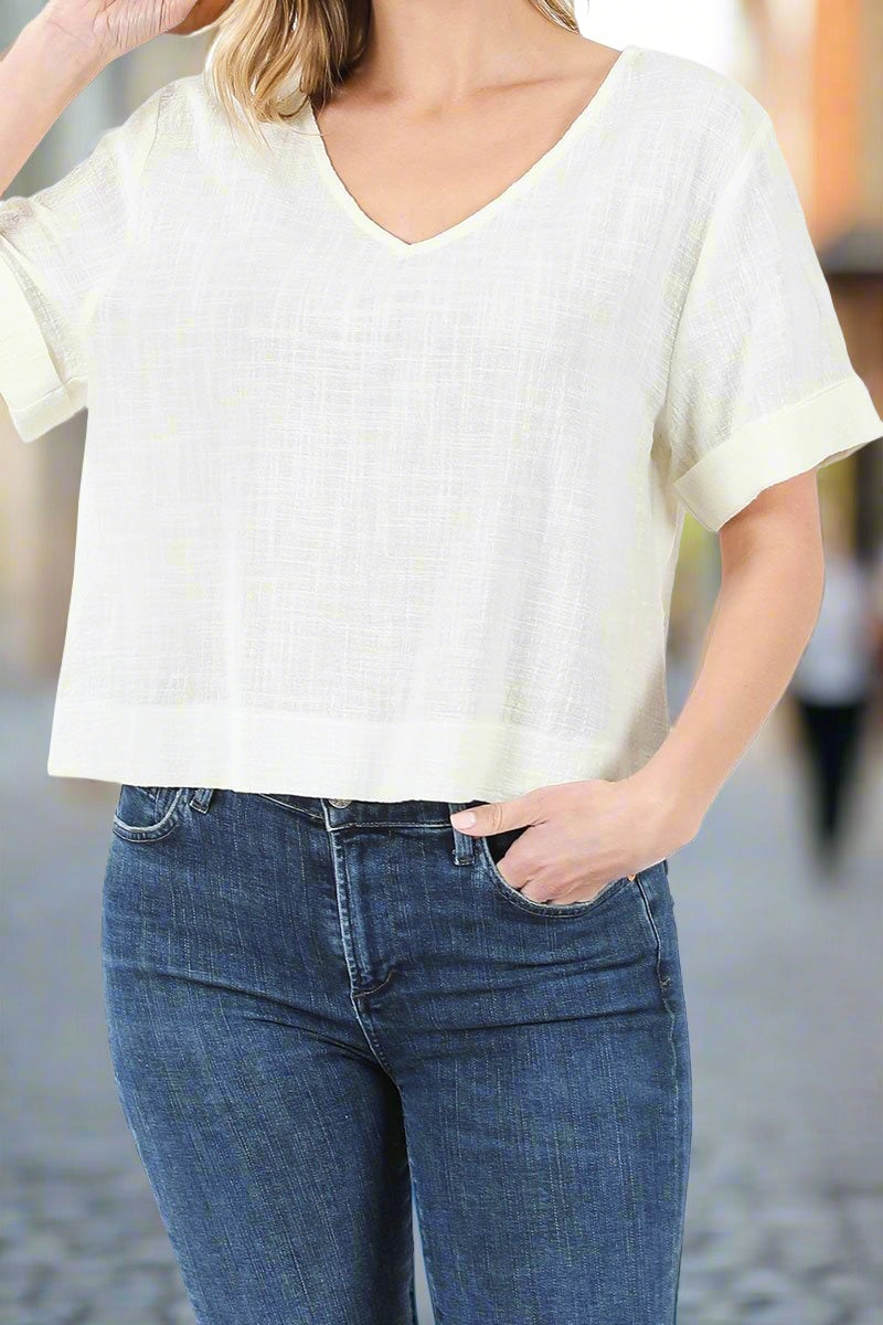 IVORY CUFF SLEEVE V-NECK GAUZE TOP