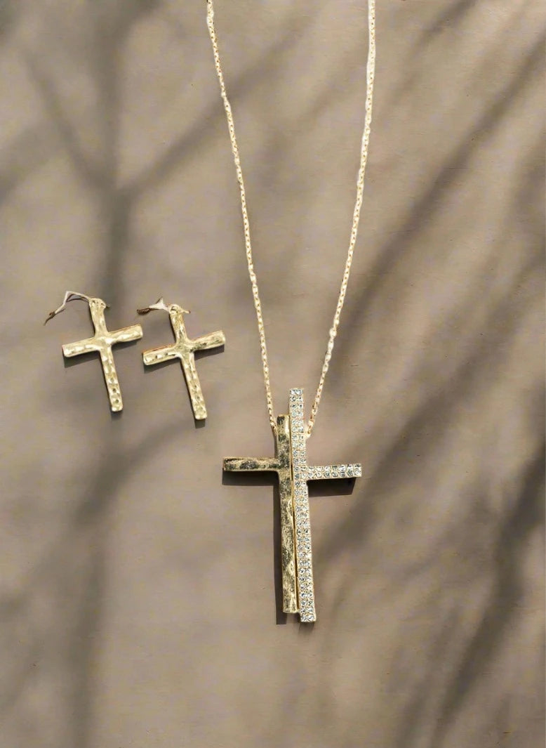 SPLIT CROSS NECKLACE AND EARRING SET
