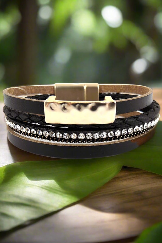 Black Hammered Goldtone Bar Multi-Strand Magnetic Bracelet