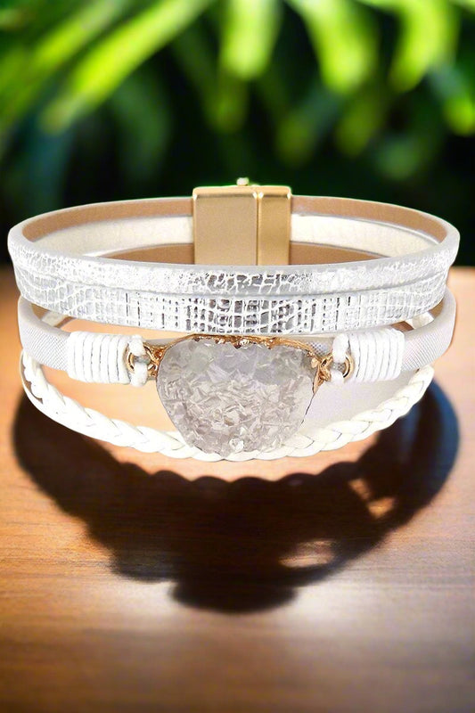 WHITE DRUZY MULTI-STRAND FAUX LEATHER MAGNETIC BRACELET