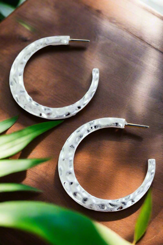 SILVERTONE HAMMERED HOOP EARRINGS