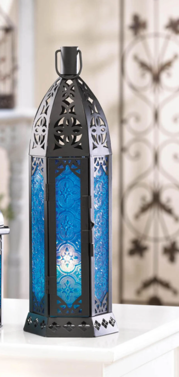 TALL FLORET BLUE CANDLE LANTERN