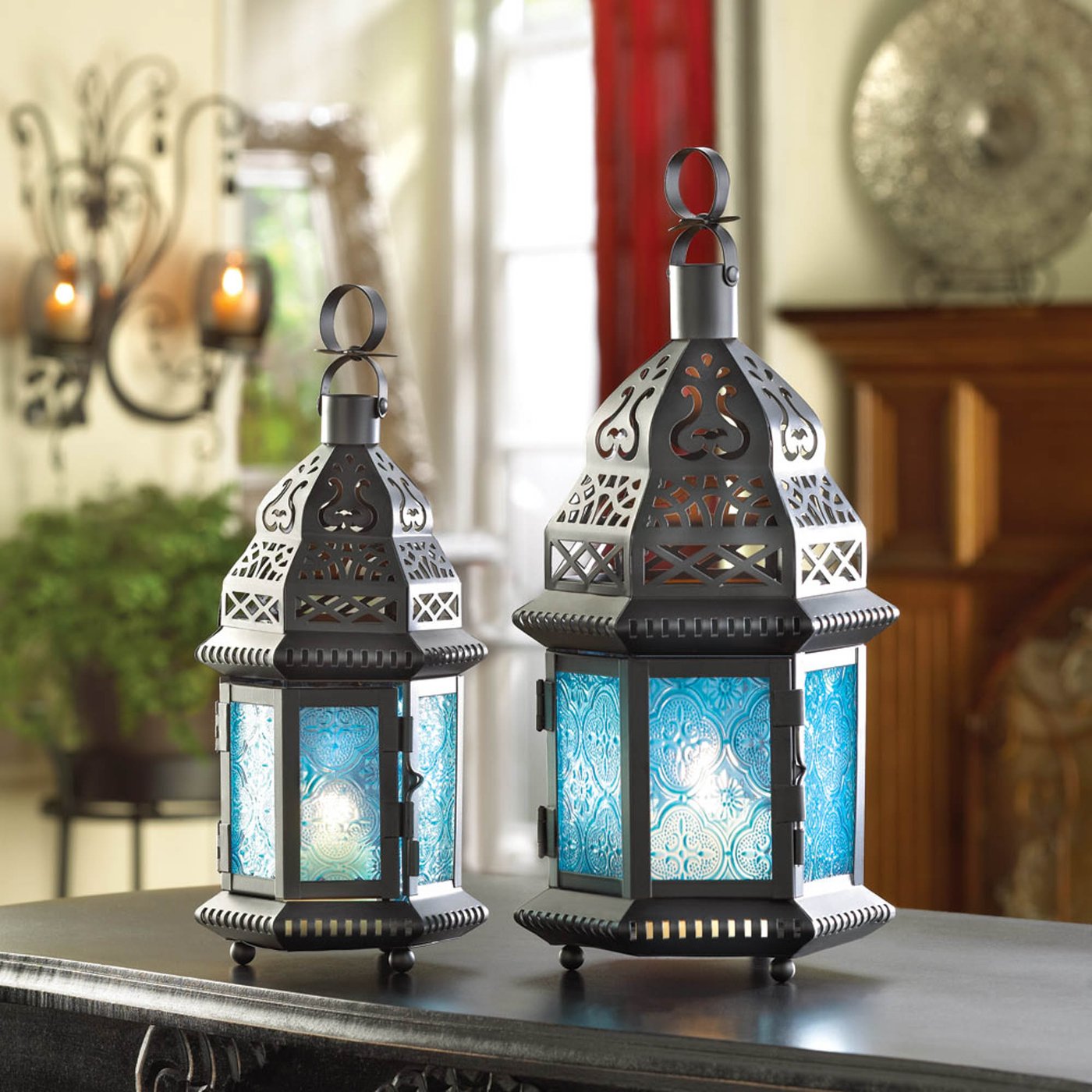 BLUE GLASS MOROCCAN STYLE LANTERN