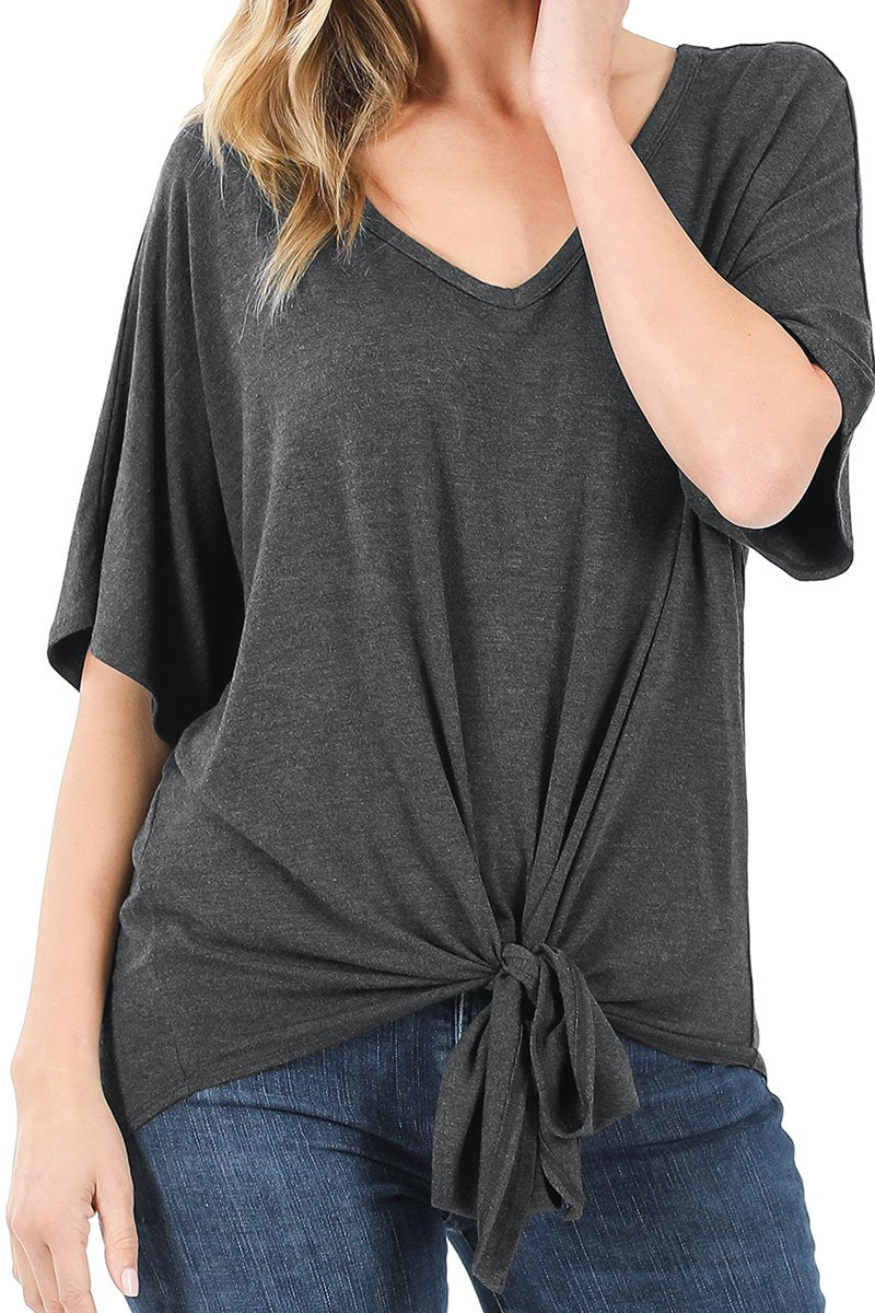 CHARCOAL LUXE RAYON V-NECK TOP
