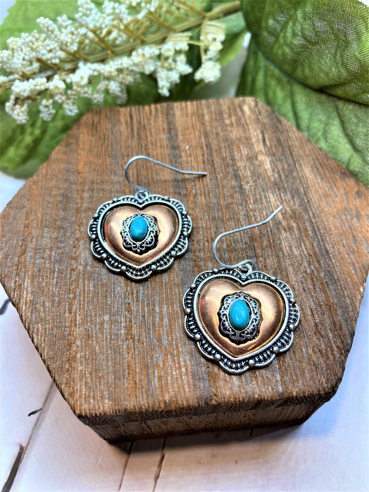2-Tone Turquoise Western Heart Earrings