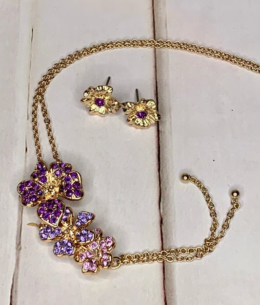 PURPLE PANSY FLOWER NECKLACE SET