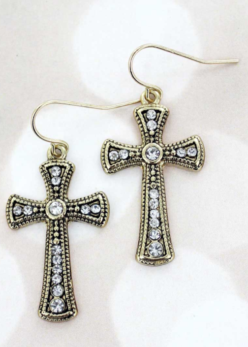 CRYSTAL GOLDTONE CROSS EARRINGS