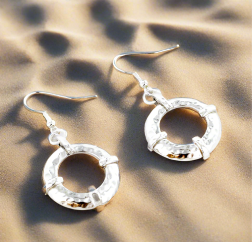 SILVERTONE HAMMERED HOOP EARRINGS