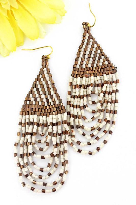 WHITE SEED BEAD FRINGE EARRINGS