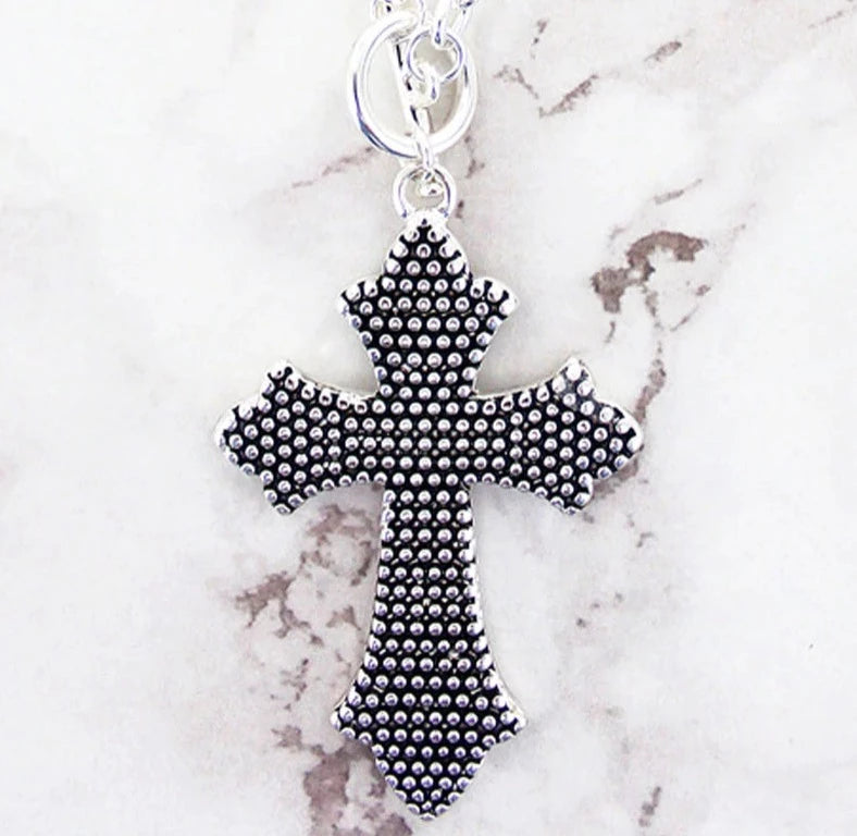 DOT TEXTURED 'LORD'S PRAYER' DUAL SIDE CROSS PENDANT NECKLACE