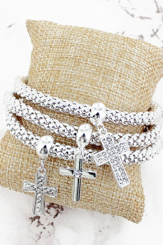 SILVERTONE CROSS CHARM CAIRO BRACELET SET