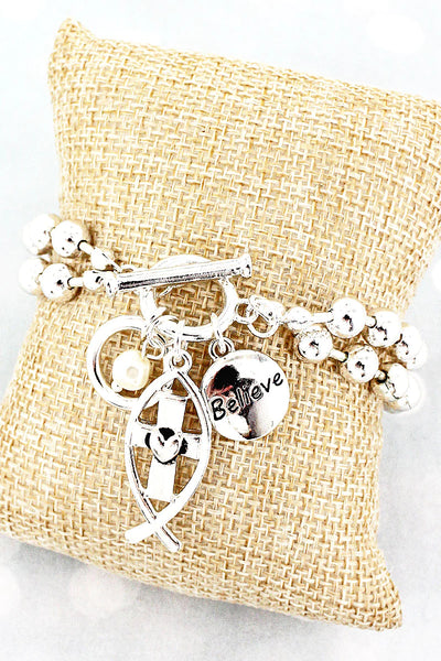 SILVERTONE ICHTHYS 'BELIEVE' TOGGLE CHARM BRACELET