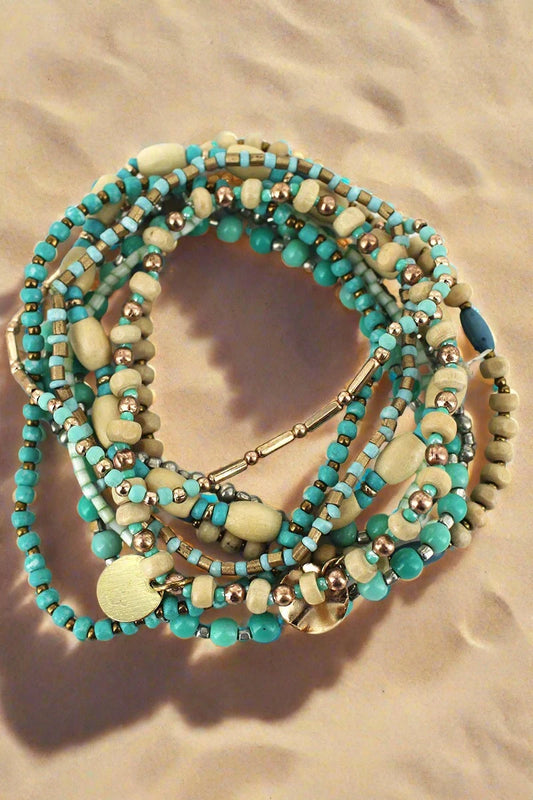 GOLDTONE TURQUOISE AND WOOD BRACELET SET