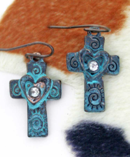 Patina Heart Swirl Cross Earrings