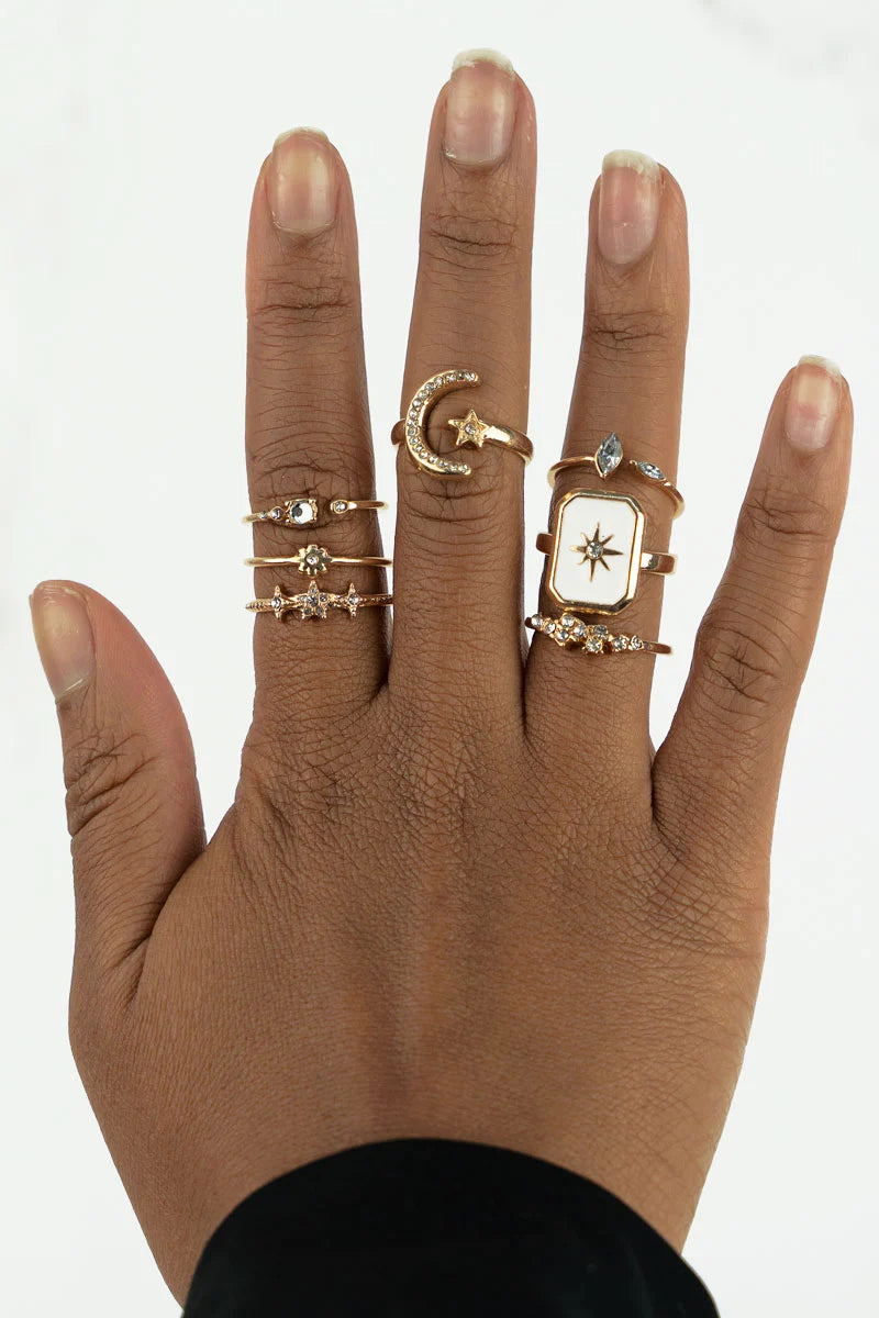 CHANDRA CRYSTAL AND GOLDTONE 7 RING SET