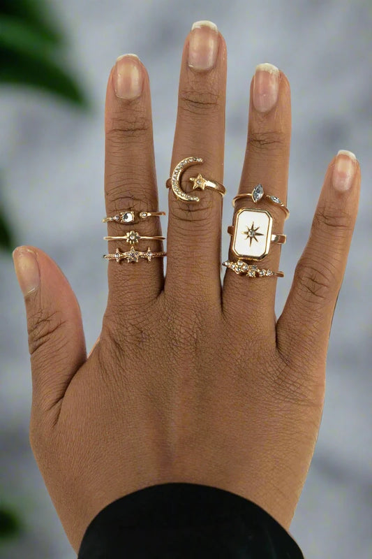 CHANDRA CRYSTAL AND GOLDTONE 7 RING SET