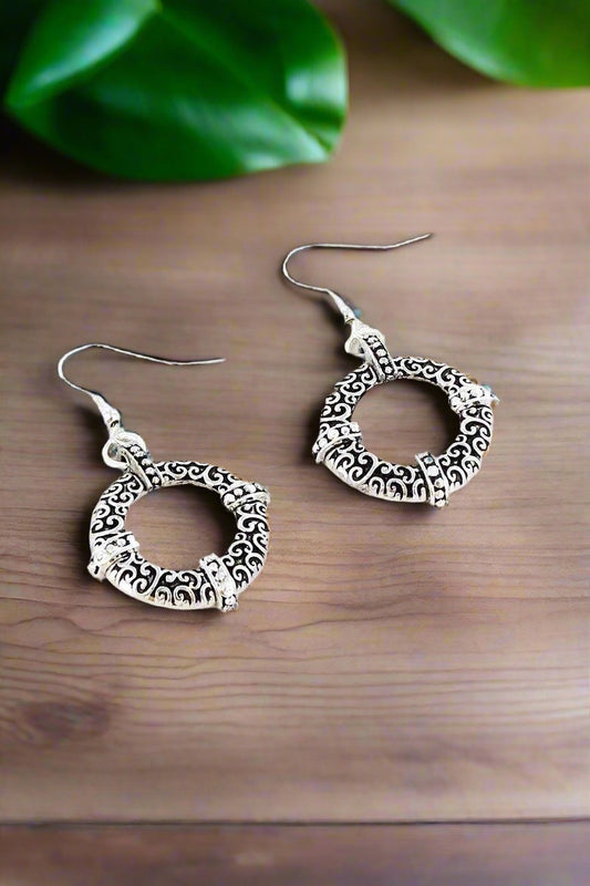 SILVERTONE SCROLL TEXTURED HOOP EARRINGS