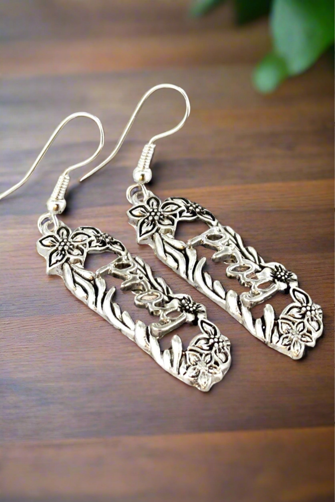 SILVERTONE 'PRAY' FLORAL SPOON EARRINGS