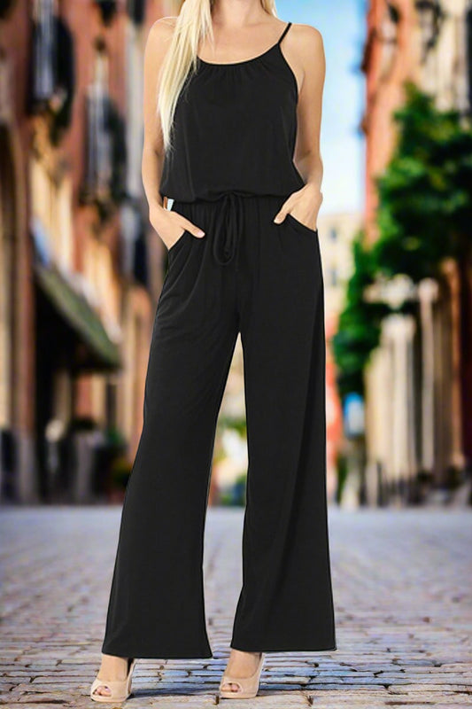 BLACK SPAGHETTI STRAP JUMPSUIT WITH POCKETS