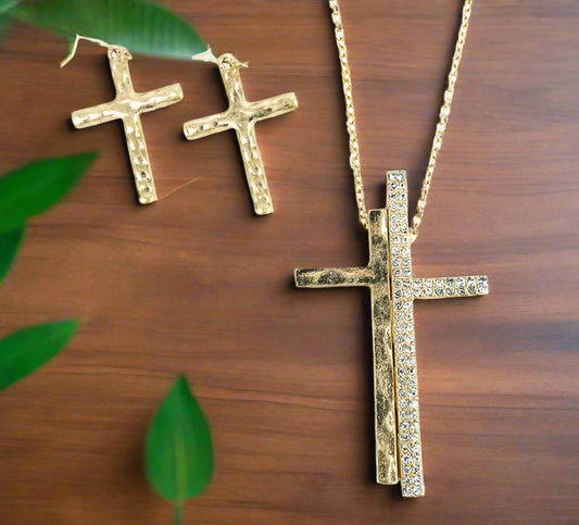 SPLIT CROSS NECKLACE AND EARRING SET