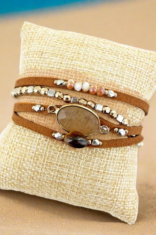 BROWN SEMI PRECIOUS STONE FAUX LEATHER MULTI-STRAND MAGNETIC BRACELET