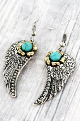 Burnished Two-Tone and Turquoise Flower Etched Wing Earrings